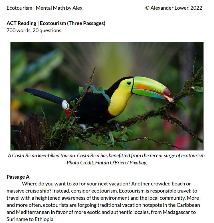 Excerpt of an ACT Reading passage on ecotourism for TPT.